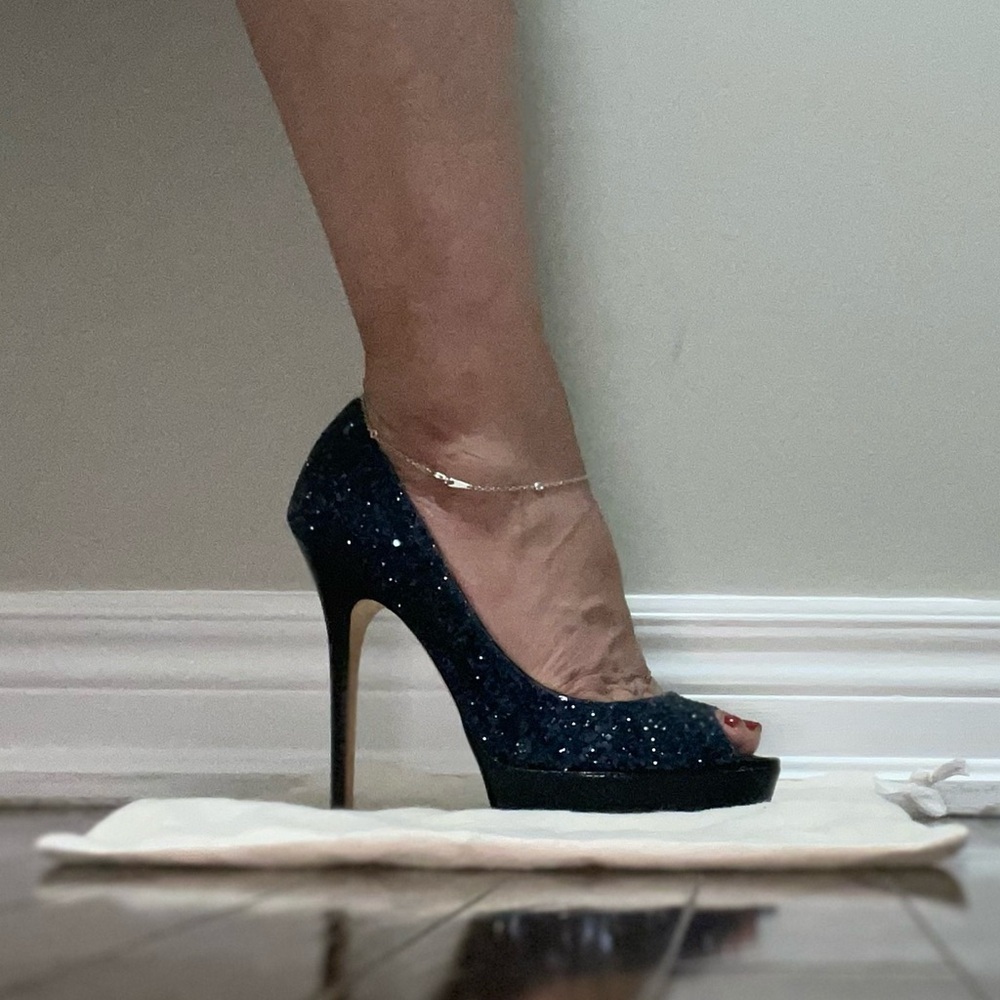 EUC Jimmy Choo Navy Glitter Luna Peep Toe Platform Stilettos Sz. 38.5 / US 8
